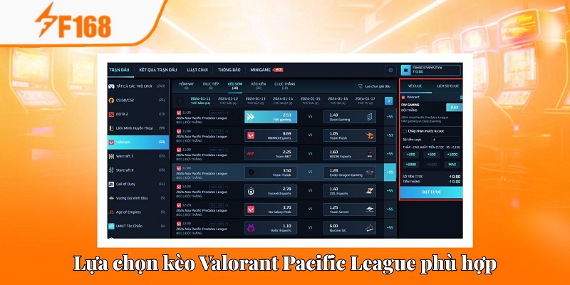 Mẹo Đặt Cược Valorant Pacific League Chuẩn Tại F168 3 Chọn kèo Valorant Pacific League dựa trên nhu cầu của bản thân
